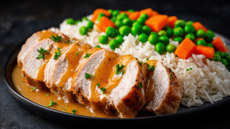 Tasty chicken breast slices topped with rich gravy paired with fluffy rice and colorful vegetables.の素材