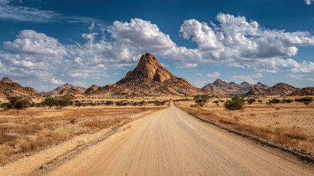 A dirt road stretches into the horizon surrounded by rocky formations and vast sandy terrain under a bright sky.の素材