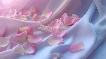 Vibrant pink petals rest gently on smooth flowing fabric creating a calming and elegant scene.の素材