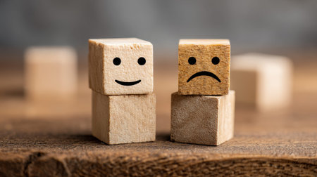 Two wooden blocks with facial expressions represent happiness and sadness captured on a rustic surface.の素材