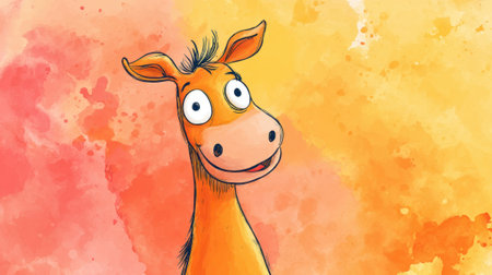 A happy cartoon horse smiles brightly against a colorful warm backdrop radiating joy and friendliness.の素材