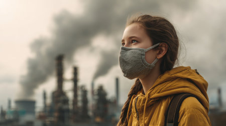 Girl in a yellow hoodie looks contemplative as smoke billows from nearby factories in the distance.の素材