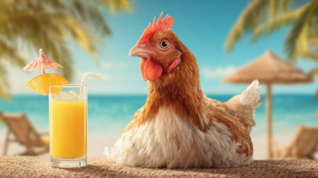 A chicken lounges by the beach with a fruity drink soaking up the sun and relaxation.の素材