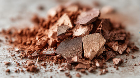 Brown and gold pieces of crushed chocolate blend with cocoa powder creating an enticing texture.の素材