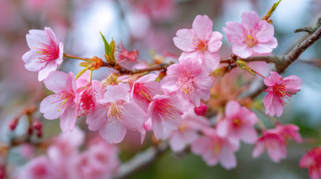 Branches adorned with delicate pink blossoms sway gently in the warm spring breeze inviting joy.の素材
