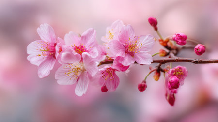 Delicate pink cherry blossoms emerge on branches celebrating the arrival of spring in natures embrace.の素材