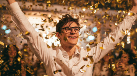 A young man smiles joyfully while golden confetti falls around him in a lively celebration atmosphere.の素材