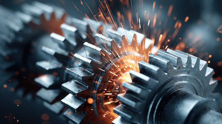 Metal gears turn with precision while sparks fly in an energetic workshop setting.の素材