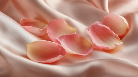 Delicate pink rose petals rest gently on smooth satin creating a serene and romantic atmosphere.の素材