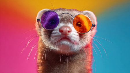 A cheerful ferret sporting bright sunglasses poses against a colorful rainbow background.の素材