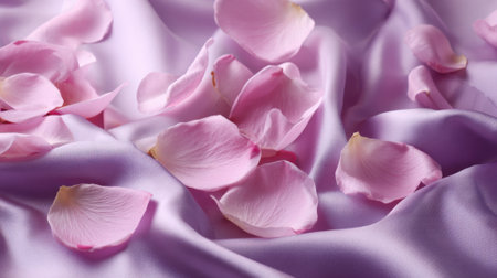 Soft pink rose petals gently rest on smooth lavender fabric creating a peaceful and romantic scene.の素材