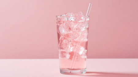 A tall glass filled with ice and a pink beverage captures a refreshing moment.の素材