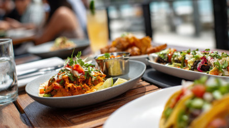 Friends savor delicious tacos and colorful drinks under the sun at a bustling outdoor restaurant.の素材