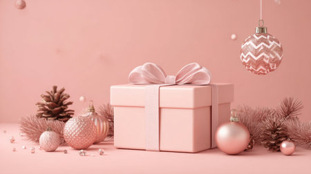 A beautifully wrapped pink gift box sits among shimmering ornaments and delicate pinecones creating festive cheer.の素材