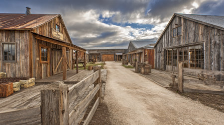 Dusty paths explore an old western town filled with rustic wooden structures under a cloudy sky.の素材