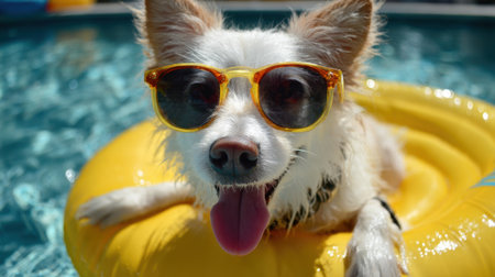A cheerful dog floats on a bright yellow ring in a clear swimming pool under the sun looking relaxed and happy.の素材
