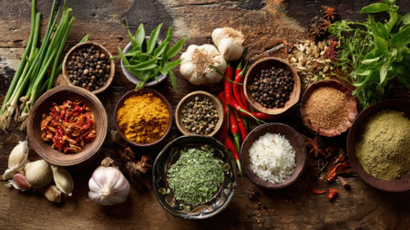 A variety of spices and herbs are displayed on a wooden table. The spices include garlic, pepper, and salt, while the herbs include parsley and basilの素材