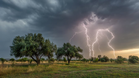 Lightning strikes dance across the sky creating a vivid display over tranquil olive trees at dusk.の素材