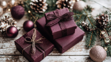 Beautifully wrapped gifts are set among pine branches and ornaments creating a warm holiday scene.の素材