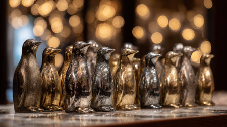 Metallic penguin sculptures line a table glimmering under soft lights creating a cozy atmosphere.の素材