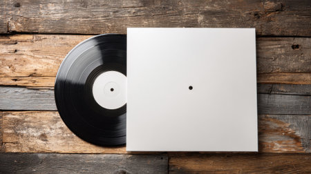 A black vinyl record sits beside a plain white cover on rustic wooden boards capturing a moment of nostalgia.の素材