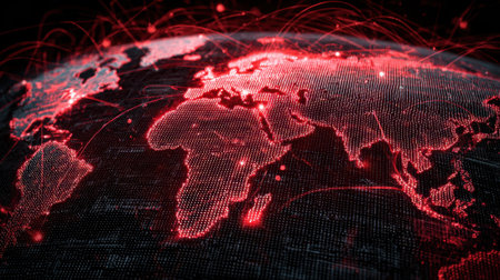 A vibrant display shows the world map illuminated in red highlighting global connectivity through intricate data lines.の素材