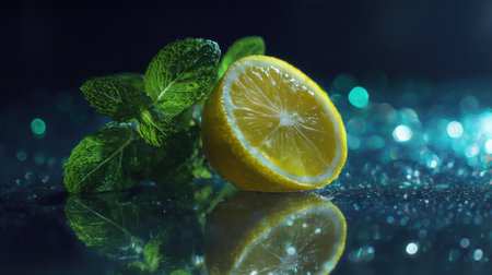A vibrant lemon slice and fresh mint leaves shine brightly on a smooth surface enhancing the atmosphere.の素材