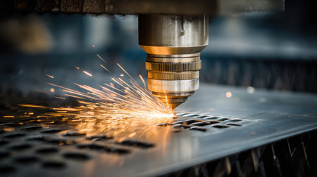 A laser machine cuts through metal sending bright sparks flying in a well lit workshop.の素材