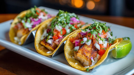 Three delicious tacos stand out with colorful toppings ready to be enjoyed in a warm atmosphere.の素材