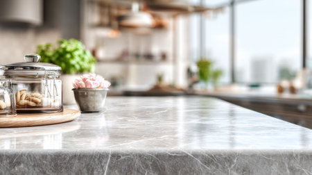 A modern kitchen features a beautiful marble countertop with jars and fresh herbs adorning the space.の素材