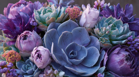 Lush arrangement of purple and blue flowers showcases vibrant colors and rich textures in sunlight.の素材