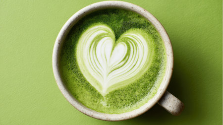Matcha latte features a beautiful heart design warm and inviting with a fresh green vibe.の素材