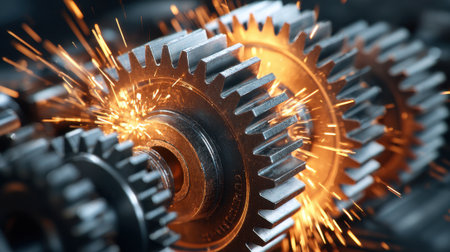 Metal gears mesh together producing bright sparks while machines work in a busy workshop.の素材