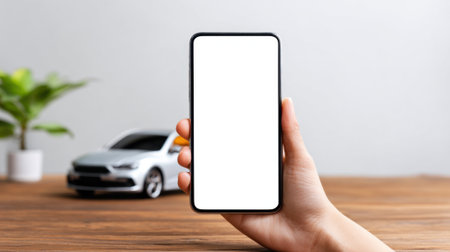 A hand grips a sleek smartphone showcasing a blank screen with a toy car nearby on a wooden tabletop.の素材