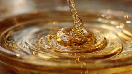 Thick syrup flows elegantly into a clear bowl creating beautiful waves in the golden liquid.の素材