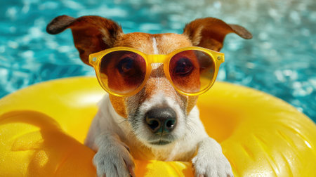 A playful dog with sunglasses lounging comfortably on a float in a bright blue pool.の素材