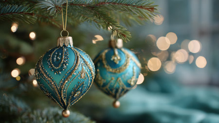 Two turquoise Christmas ornaments adorned with intricate designs dangle from a beautifully decorated tree.の素材