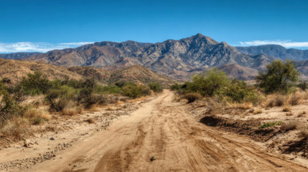A dirt path meanders through arid terrain surrounded by bushes and mountains in the background.の素材