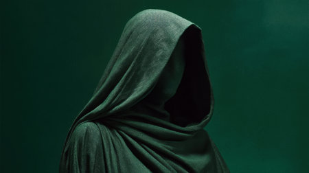 A person is wearing a green hooded cloak and standing in front of a green background. The person is wearing a mask and the hood is covering their face. The image has a mysterious and eerie moodの素材