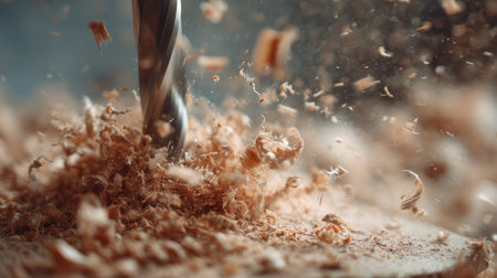 A drill penetrates wood sending fine shavings flying in a bright workshop filled with tools.の素材