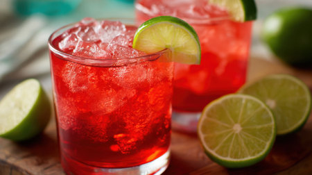 Bright red drinks sit on a wooden surface garnished with fresh lime wedges inviting summer vibes.の素材