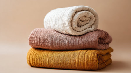Warm and inviting textiles stacked neatly in lovely colors to enhance any living space.の素材