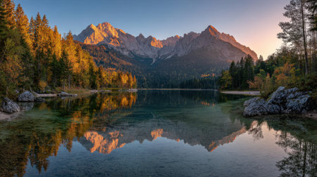 Golden leaves frame a tranquil lake at sunset with mountains mirrored in the still water.の素材