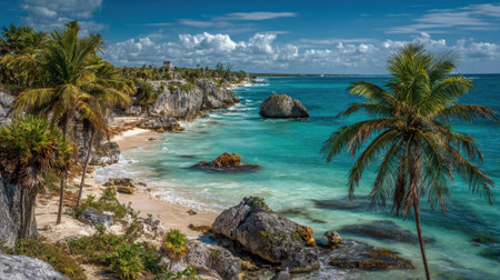 A stunning view of a tropical beach with clear waters rocky formations and swaying palms under a bright sky.の素材