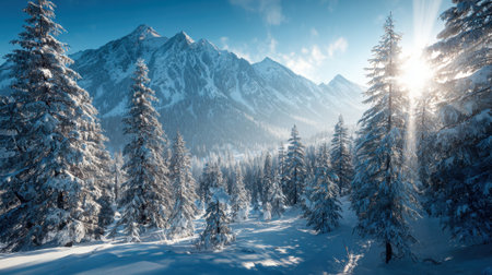 Snow blankets the ground and trees as sunlight filters through the majestic peaks creating a tranquil scene.の素材