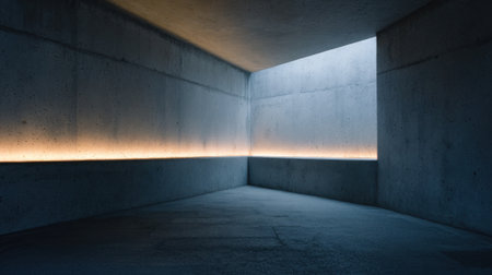 Bright light streams into an angular concrete room softly illuminating its minimalist design.の素材