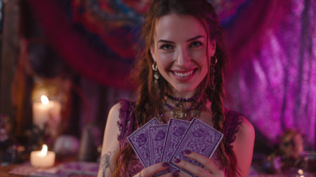 A woman in a mystical setting joyfully reveals tarot cards surrounded by colorful decor and candles.の素材