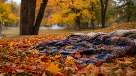 Soft blankets lie on vibrant autumn leaves creating a peaceful spot in a tranquil park setting.の素材