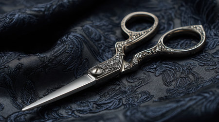 Intricate scissors are displayed on a deep textured fabric showcasing fine craftsmanship and design.の素材