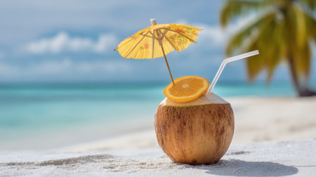 Coconut filled with a cool drink rests on soft sand as waves gently lap the shore under the sun.の素材